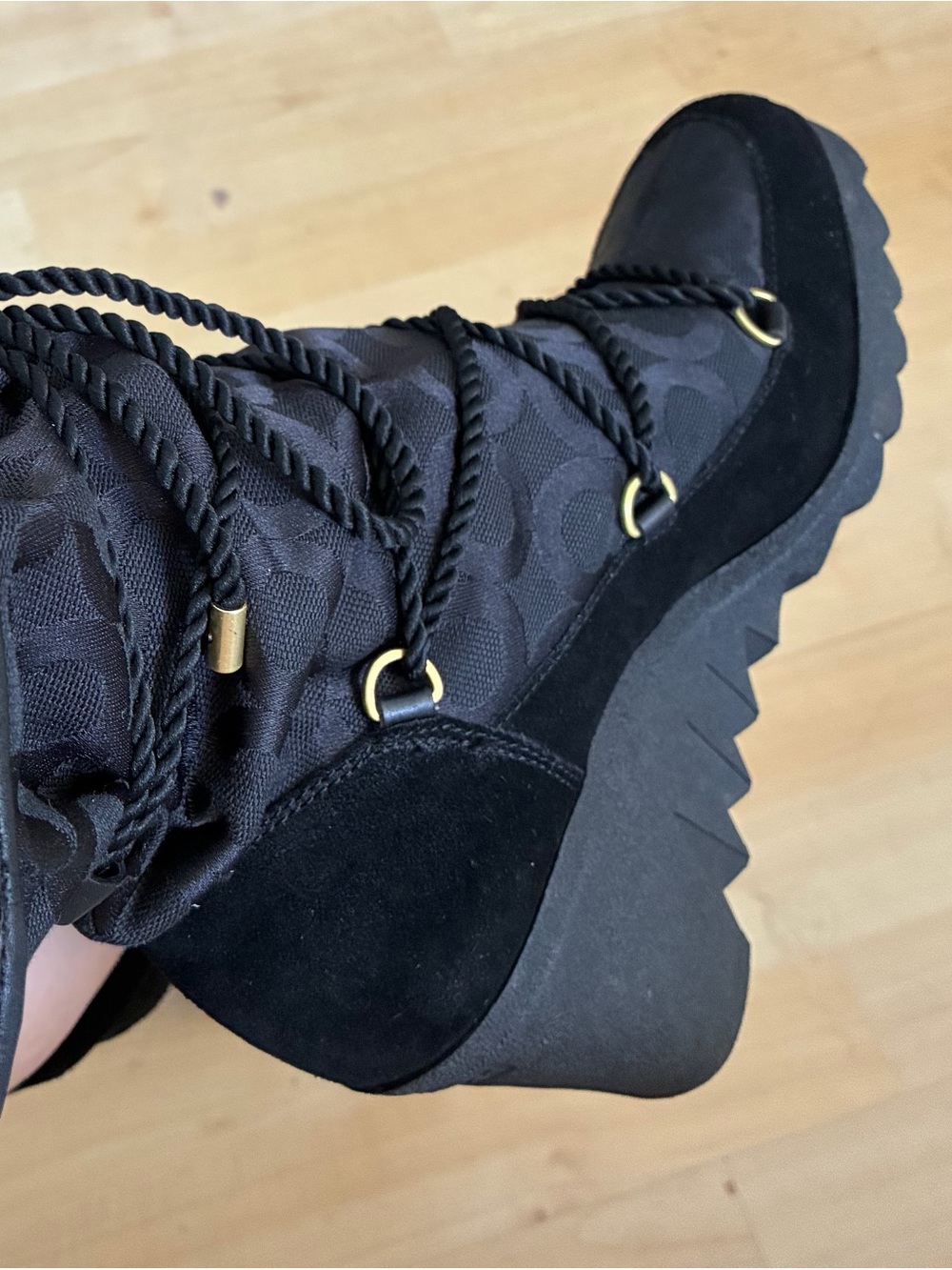 Coach Black Suede & Signature Fabric Lace-Up Wedge Booties with Gold Accents